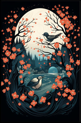 Serene Moonlit Birds Nature Art Poster