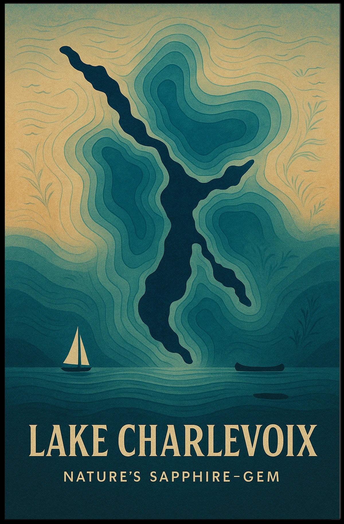 Lake Charlevoix: Sapphire-Gem Abstract Map Travel Poster