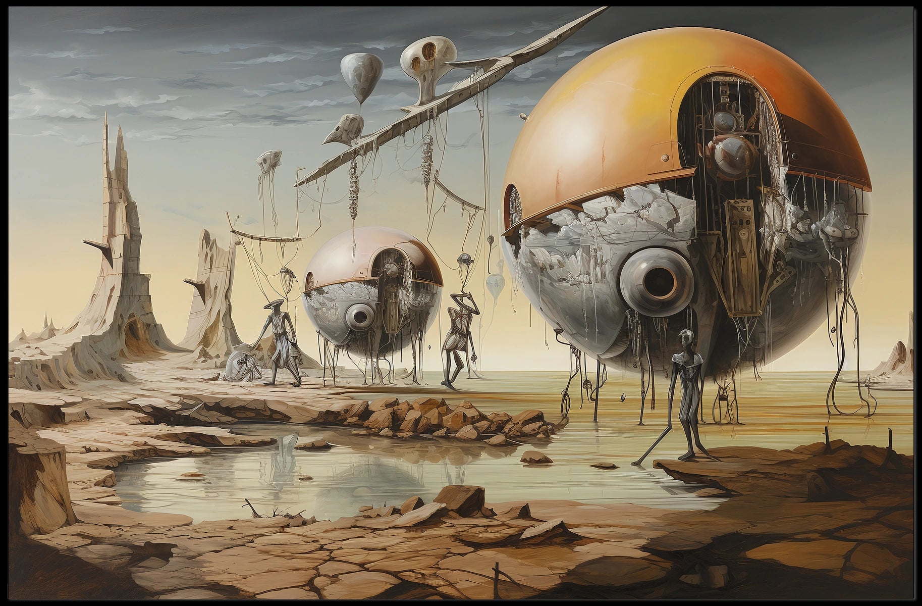 Futuristic Machines in a Surreal Desert Landscape Poster