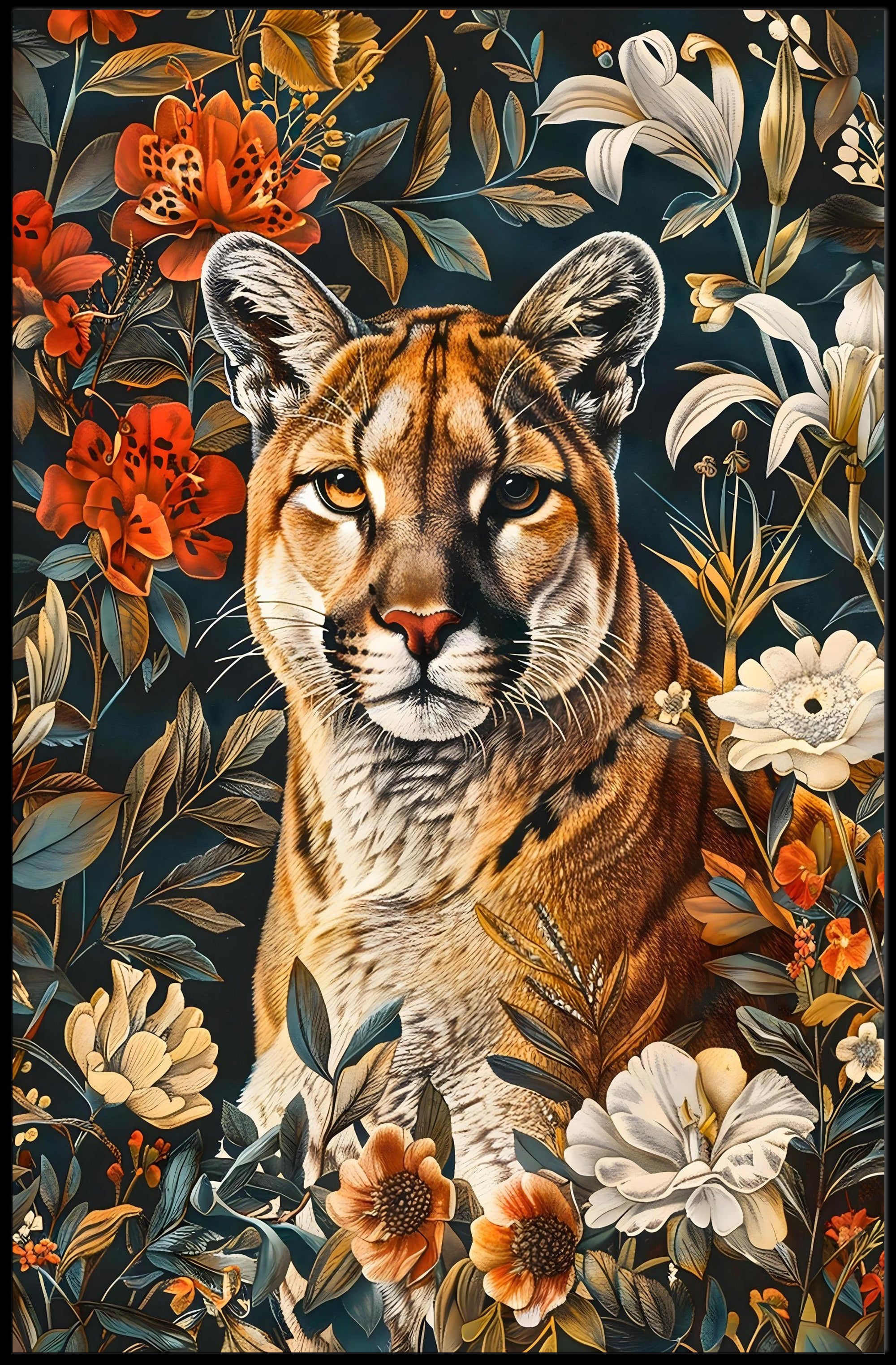 Majestic Cougar Floral Wall Art Print