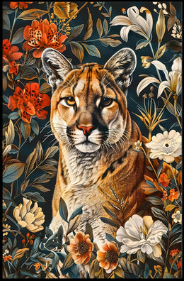 Majestic Cougar Floral Wall Art Print
