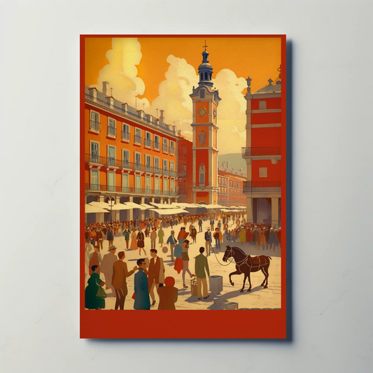 Madrid Plaza Mayor Spain Festive Crowd Travel Poster