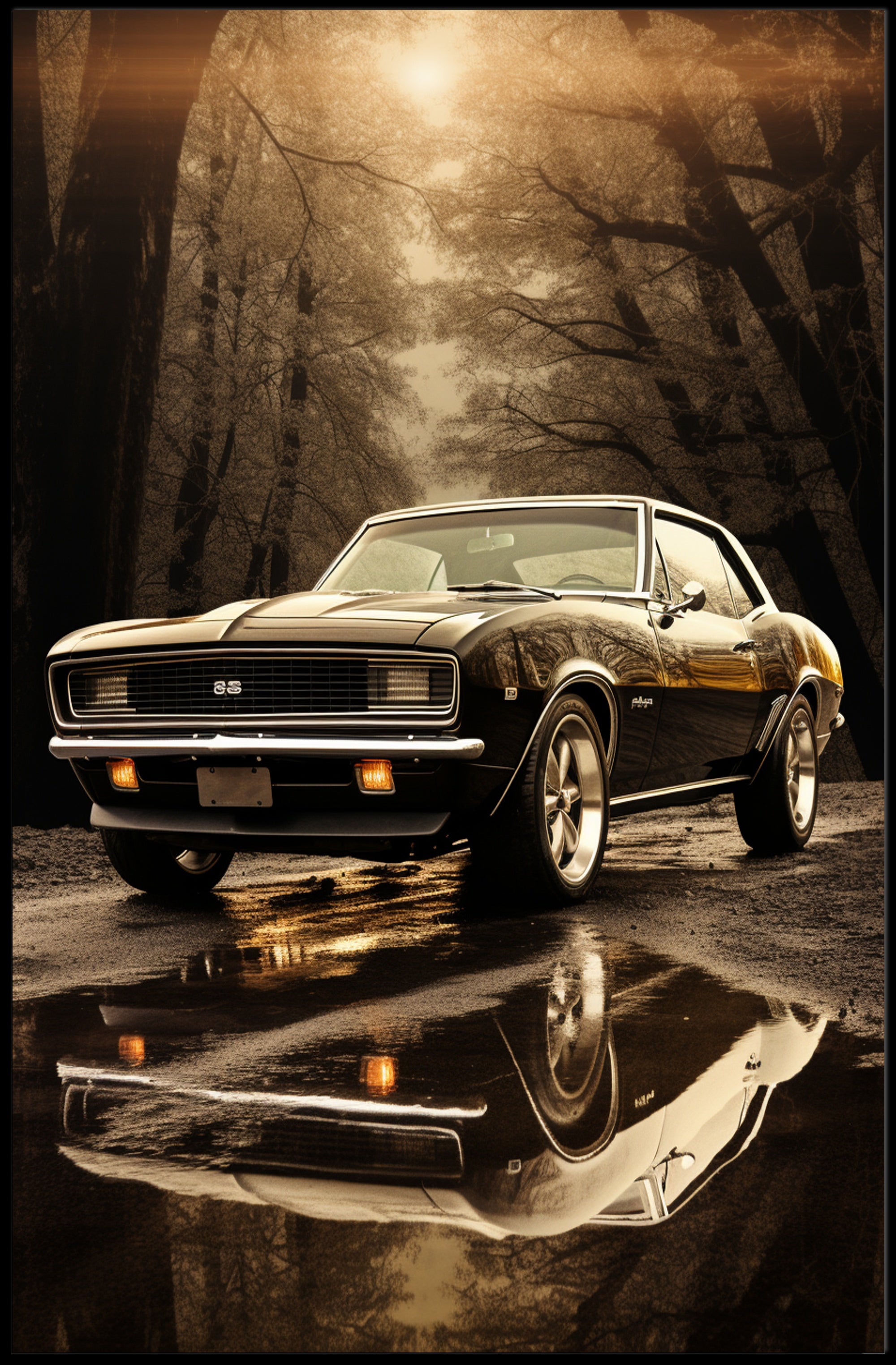 Classic Car in Autumn Reflection Poster PosterGoat