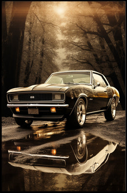 Classic Car in Autumn Reflection Poster PosterGoat