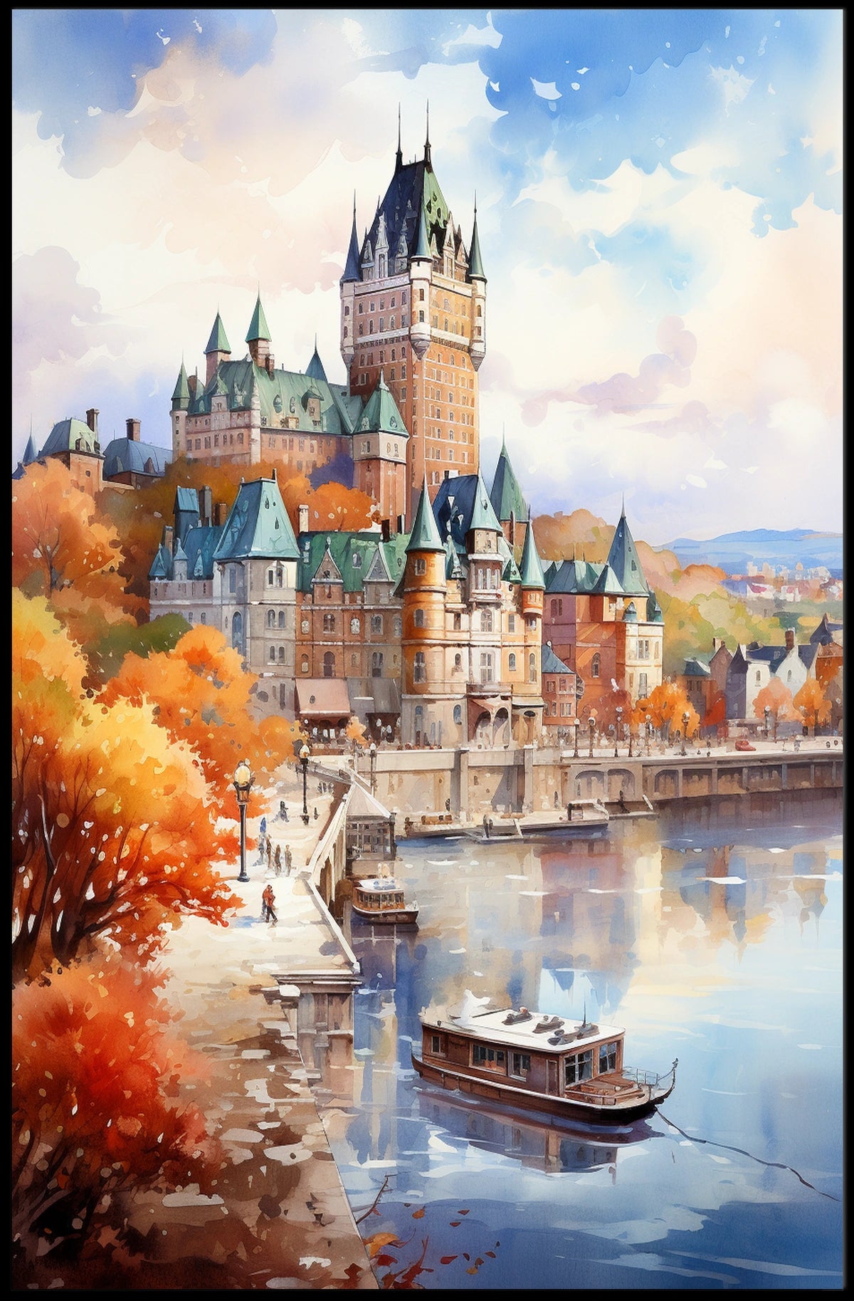 Castle Reflections on Tranquil Riverbank Travel Poster
