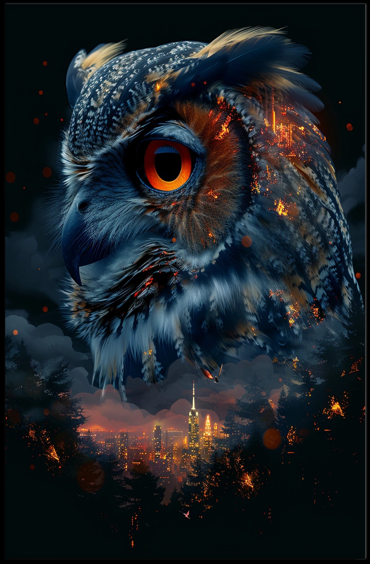 Mystical Owl Cityscape Surreal Art Poster Print