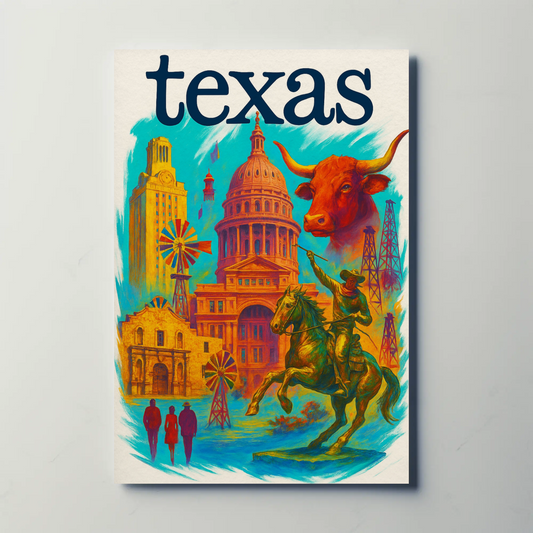 Texas Capitol Cowboy Longhorn Windmill History Vintage Travel Poster