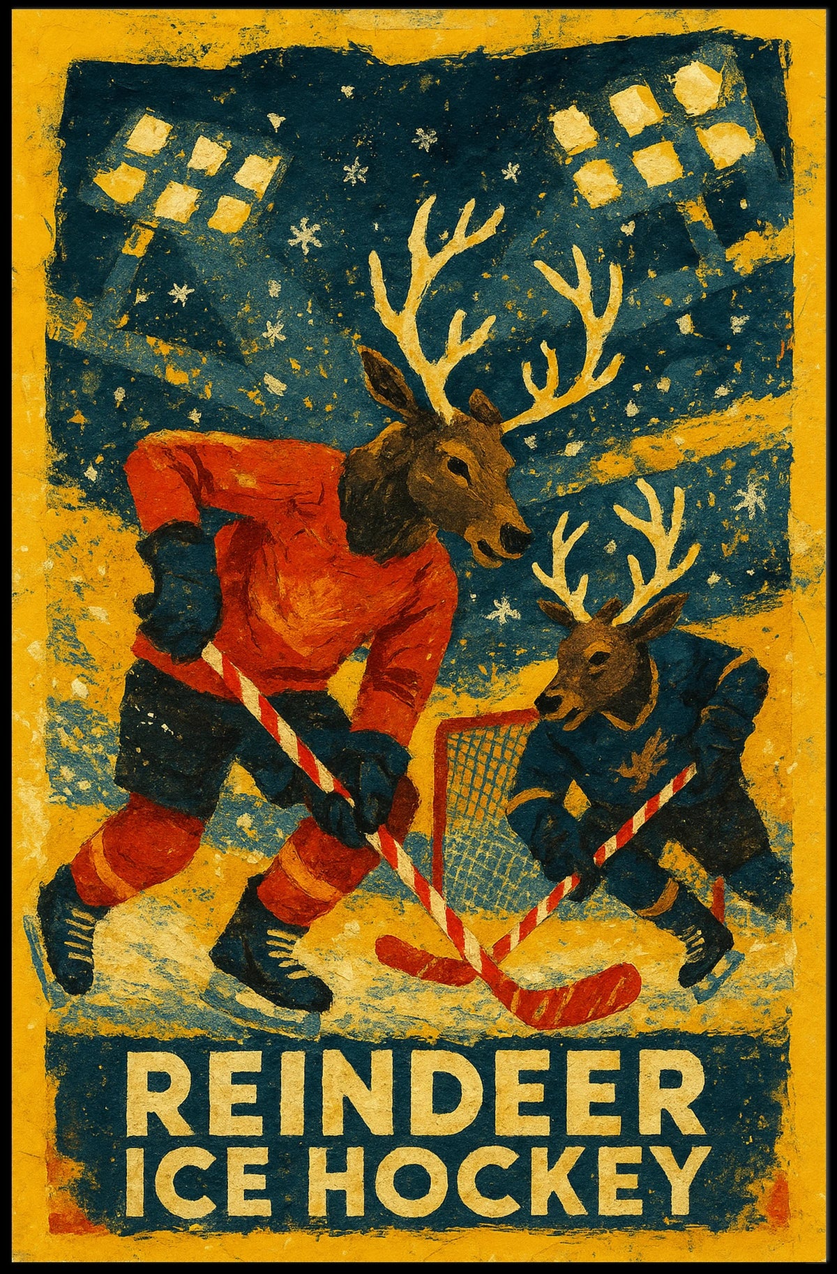 Whimsical Reindeer Ice Hockey Vintage Sports Poster