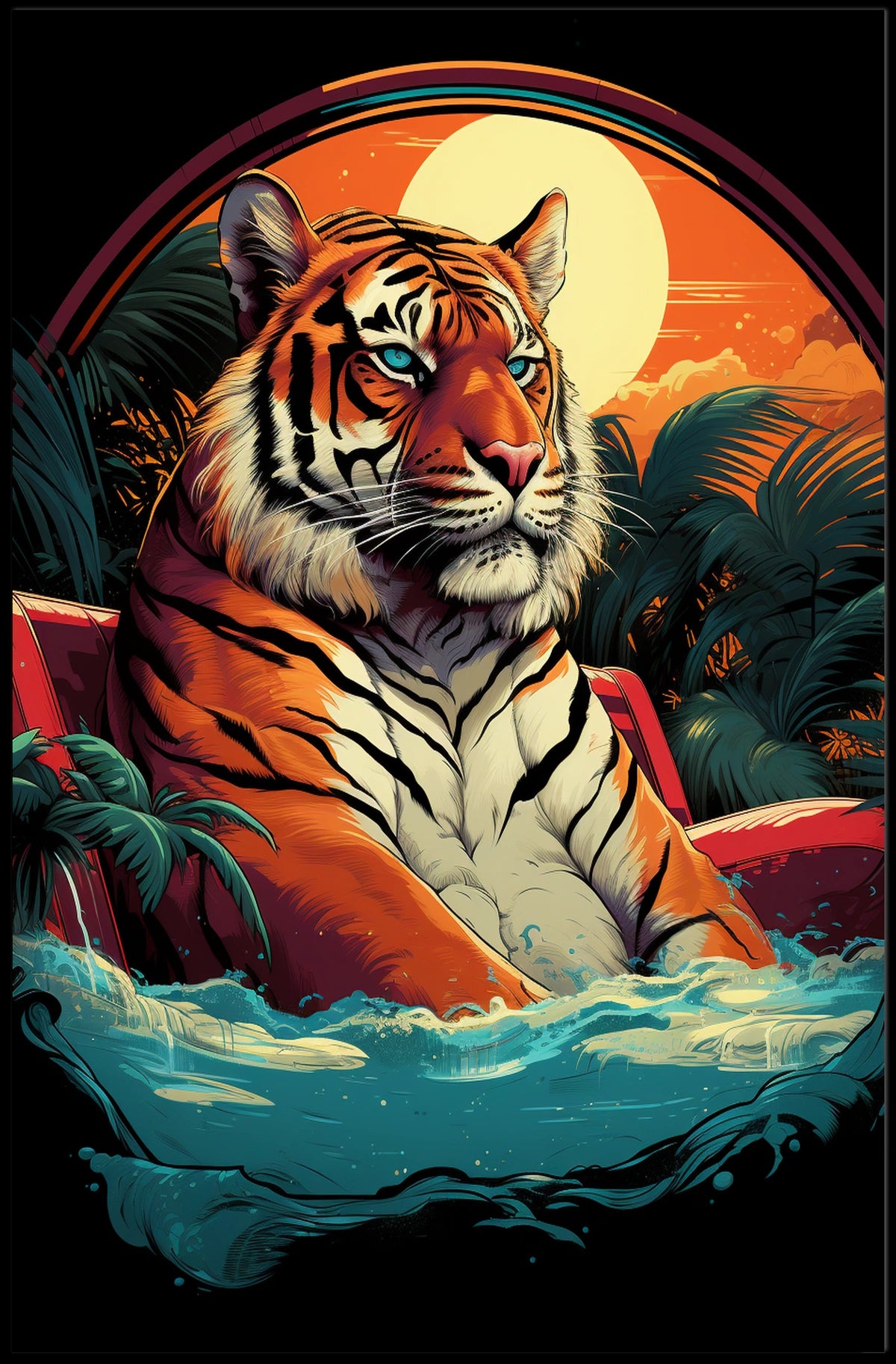 Tiger Majestically Lounging Amid Vivid Tropical Plants Animal Poster