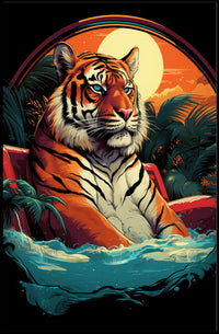 Tiger Majestically Lounging Amid Vivid Tropical Plants Animal Poster
