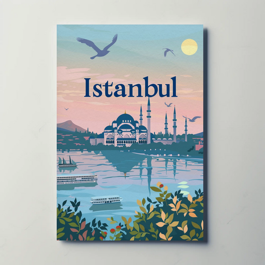 Istanbul Vintage Travel Poster - Mosque and Bosphorus