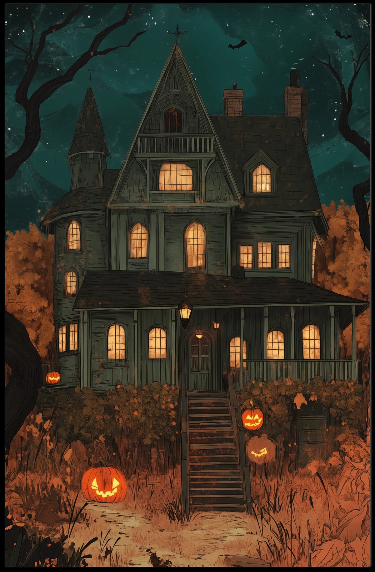 Spooky House Halloween Haunted Jack-o-lanterns Night Poster
