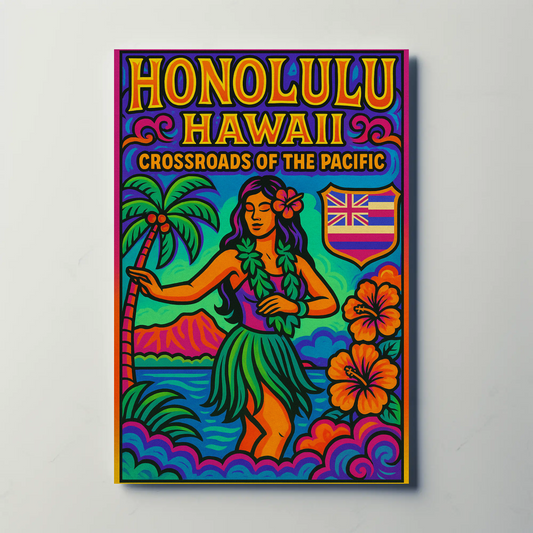 Honolulu Hawaii Pacific Vibrant Dancer Ocean Travel Poster