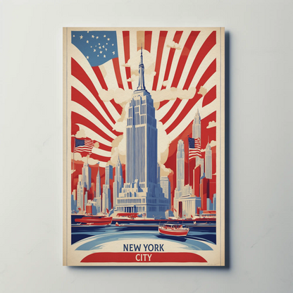 New York Empire Skyline Flags Vintage Travel Poster