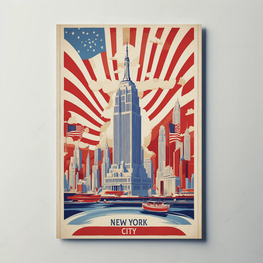 New York Empire Skyline Flags Vintage Travel Poster