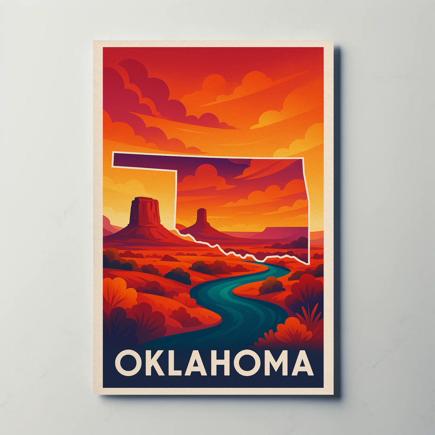 Oklahoma Desert Sunset River Canyon Scenery Travel Poster