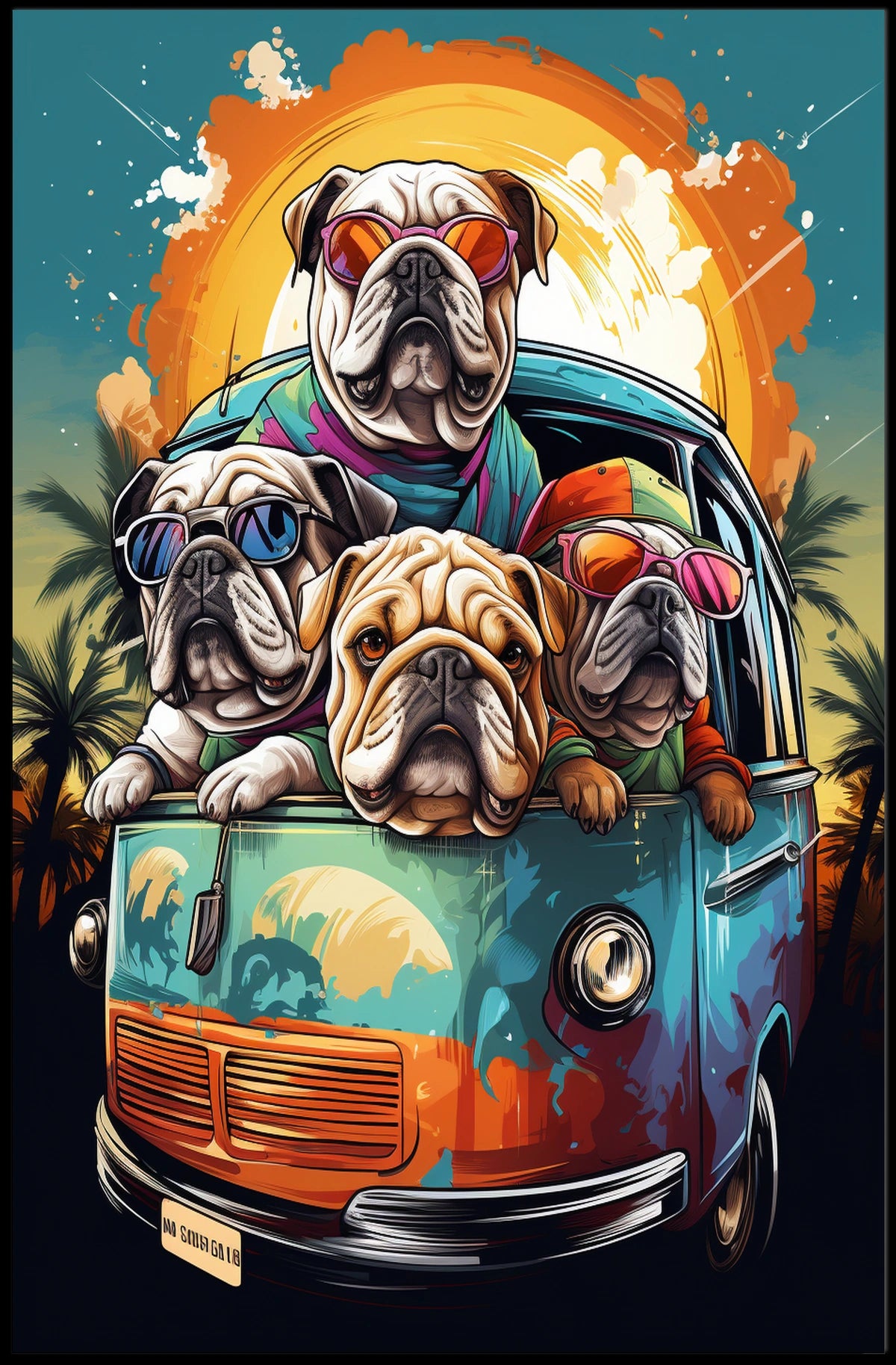 Whimsical Bulldogs in Retro Van Art Poster