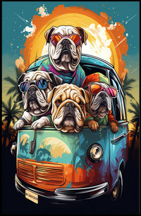 Whimsical Bulldogs in Retro Van Art Poster