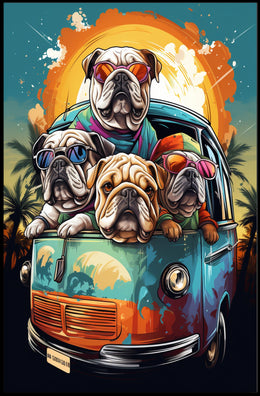 Whimsical Bulldogs in Retro Van Art Poster