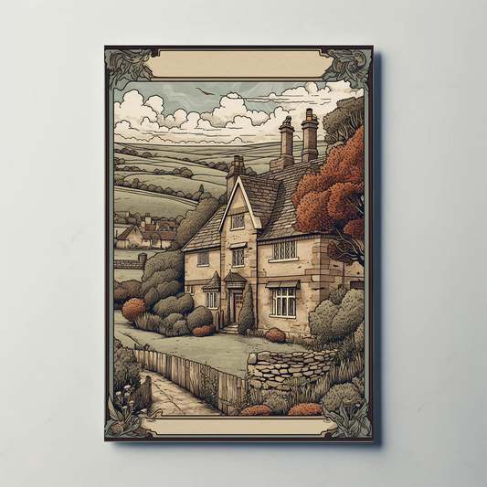 English Countryside Cottage Hills Fall Colors Travel Poster