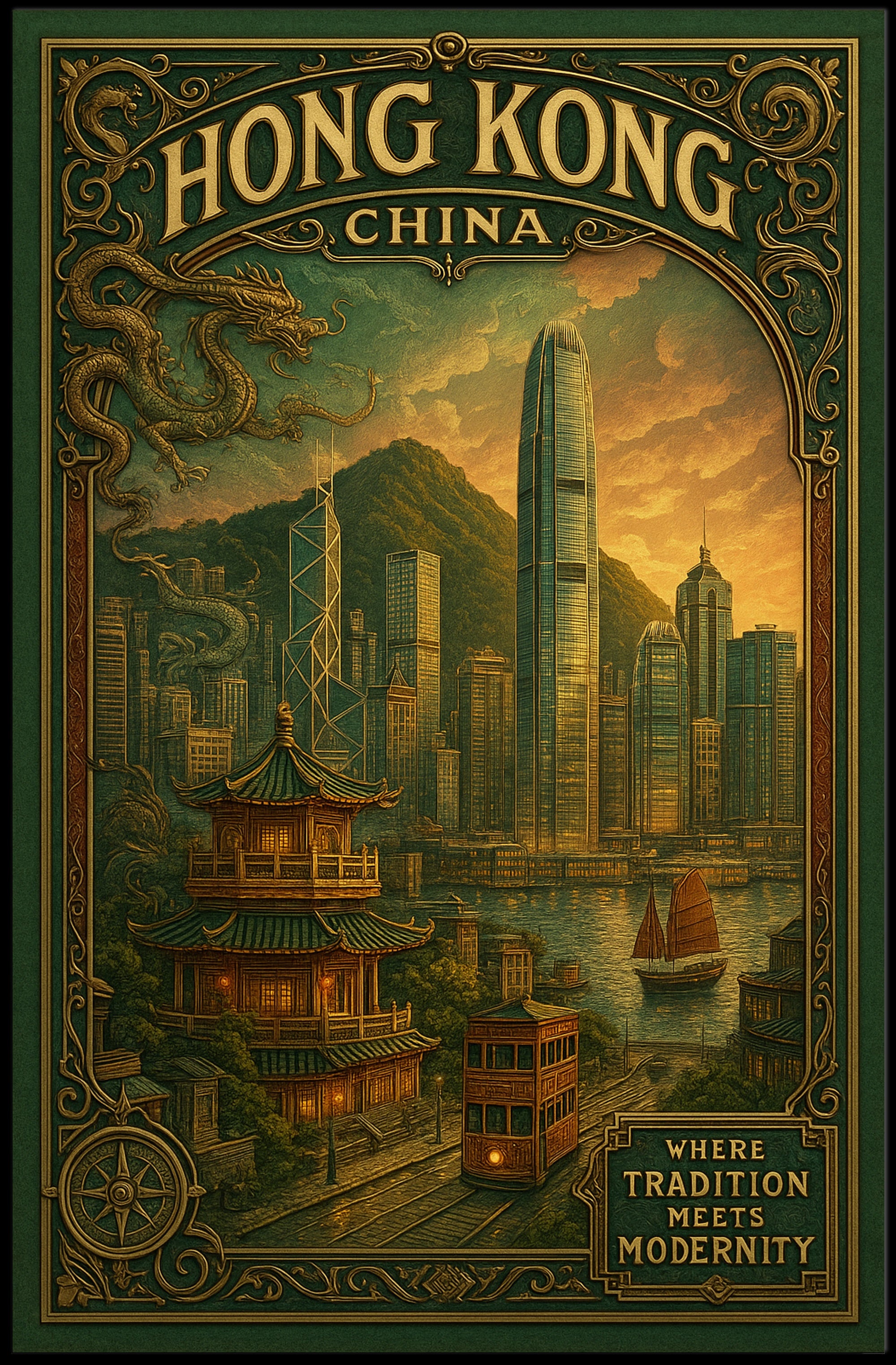 Hong Kong Tradition Meets Modern Cityscape Travel Poster