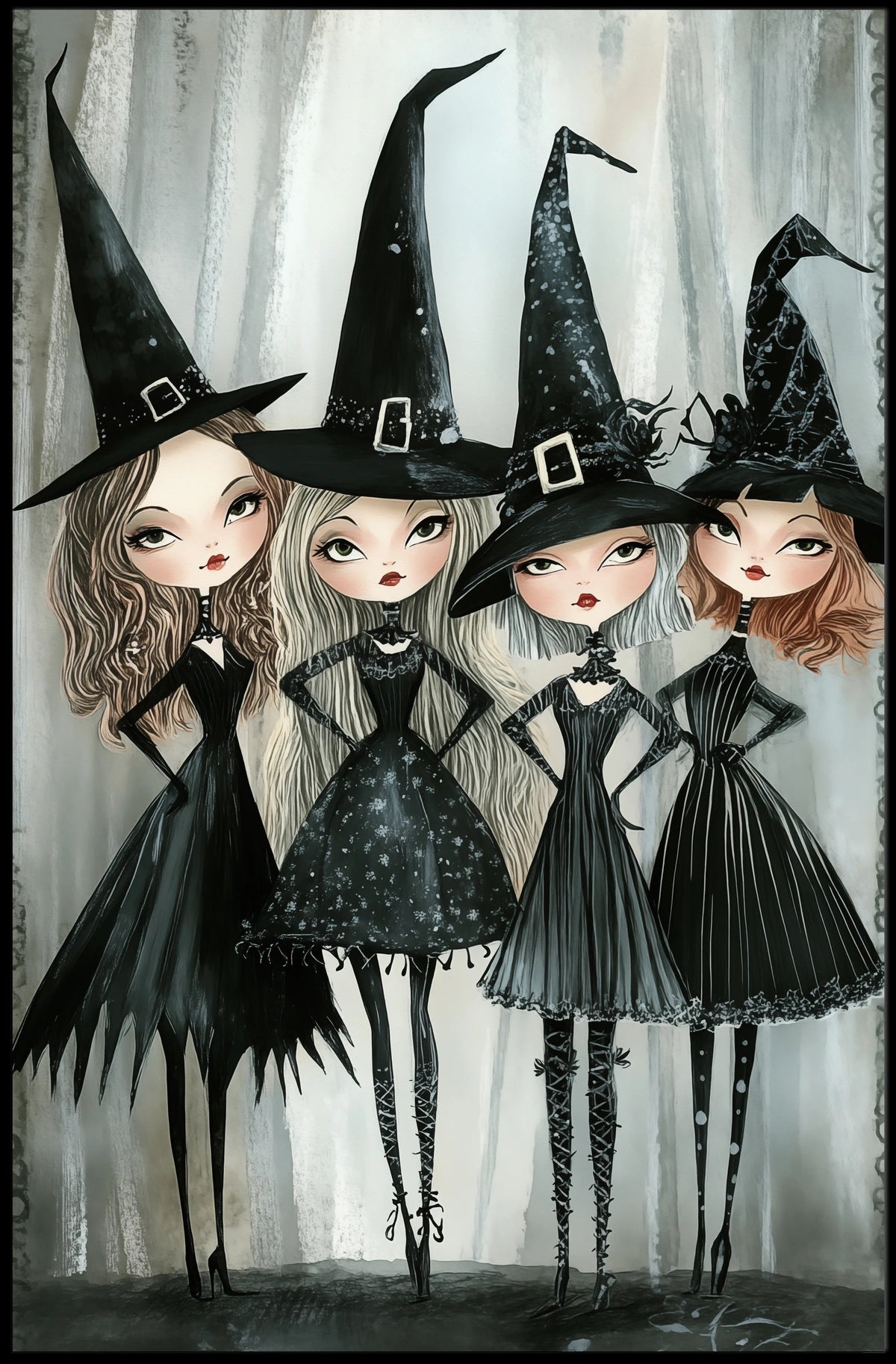 Stylized Witches Whimsical Gothic Monochromatic Poster