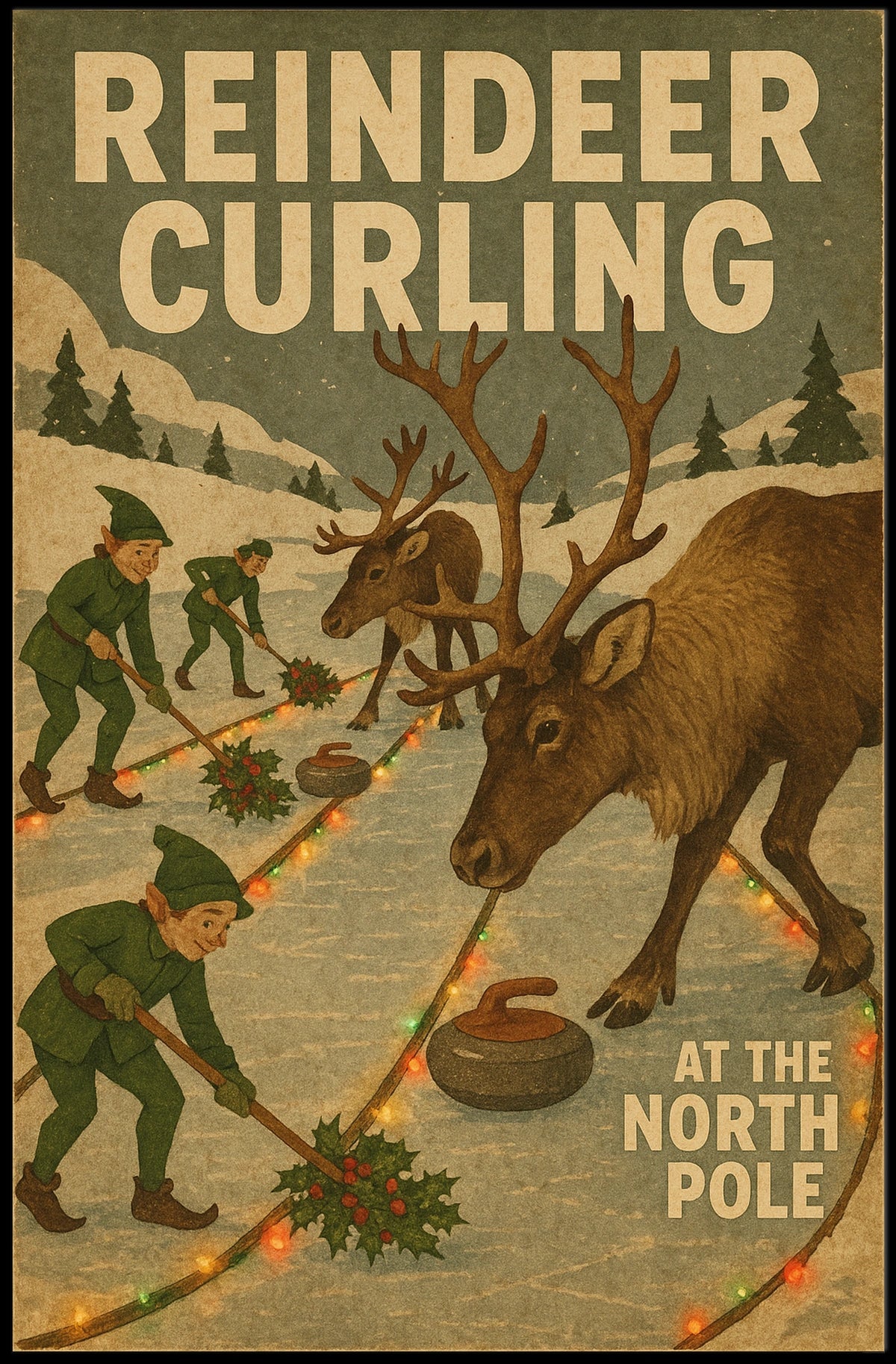 Reindeer Curling at the North Pole Poster