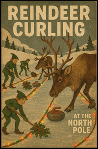 Reindeer Curling at the North Pole Poster