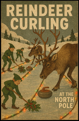 Reindeer Curling at the North Pole Poster