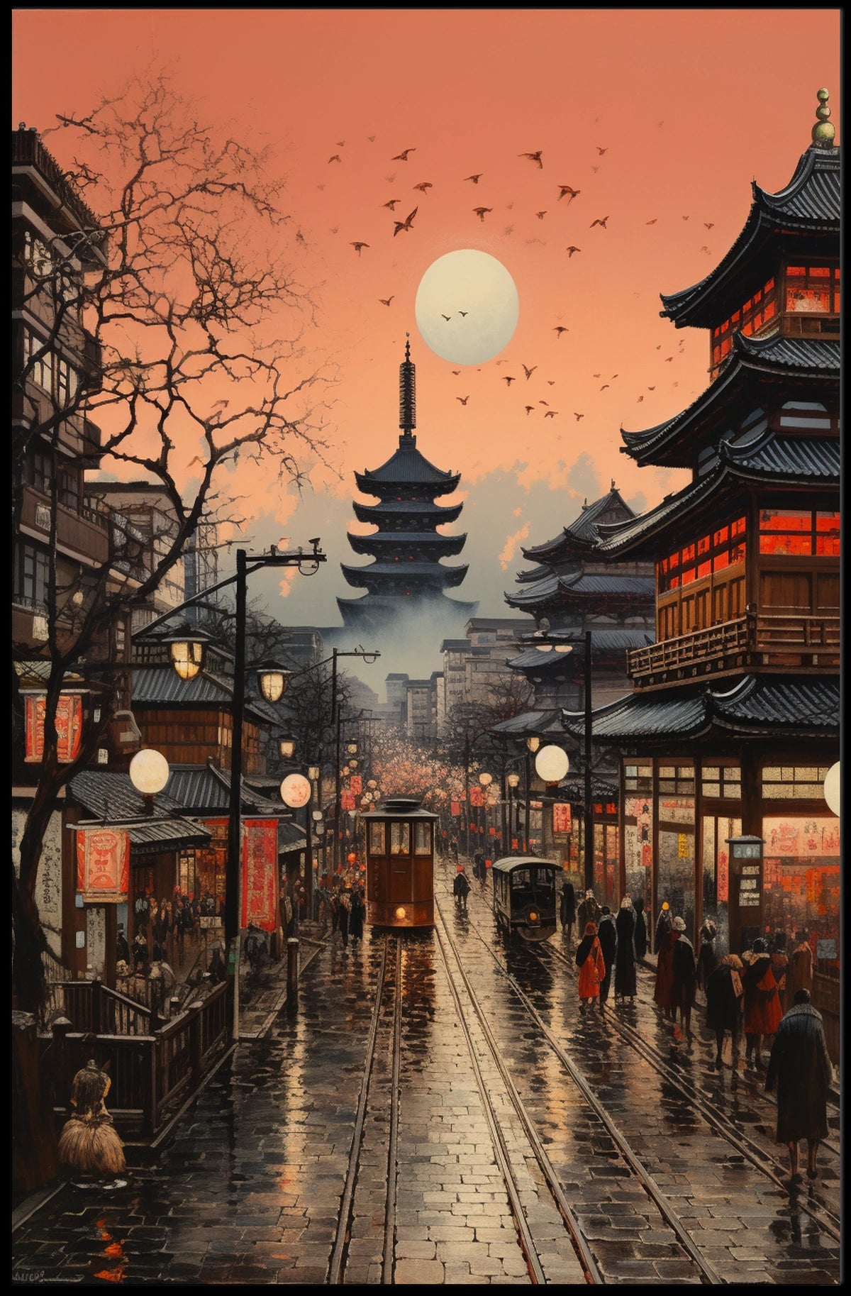 Vibrant Japanese Cityscape Sunset with Pagoda Cultural Poster