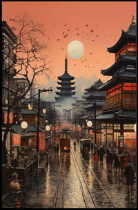 Vibrant Japanese Cityscape Sunset with Pagoda Cultural Poster