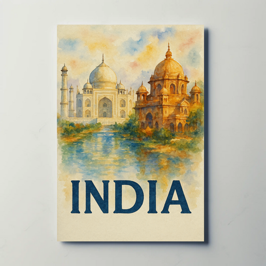 India Taj Mahal Watercolor Palace Reflection Travel Poster