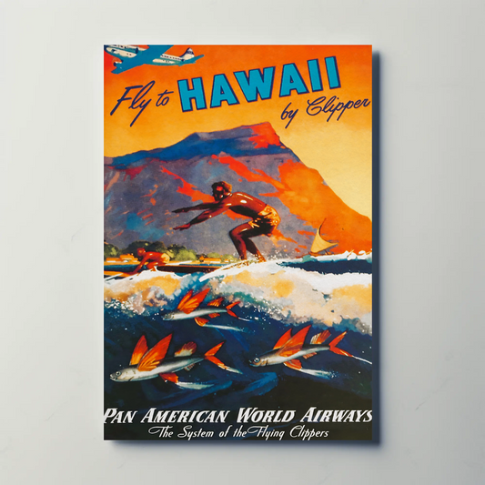 Fly To Hawaii Clipper Surfer Vintage Travel Poster