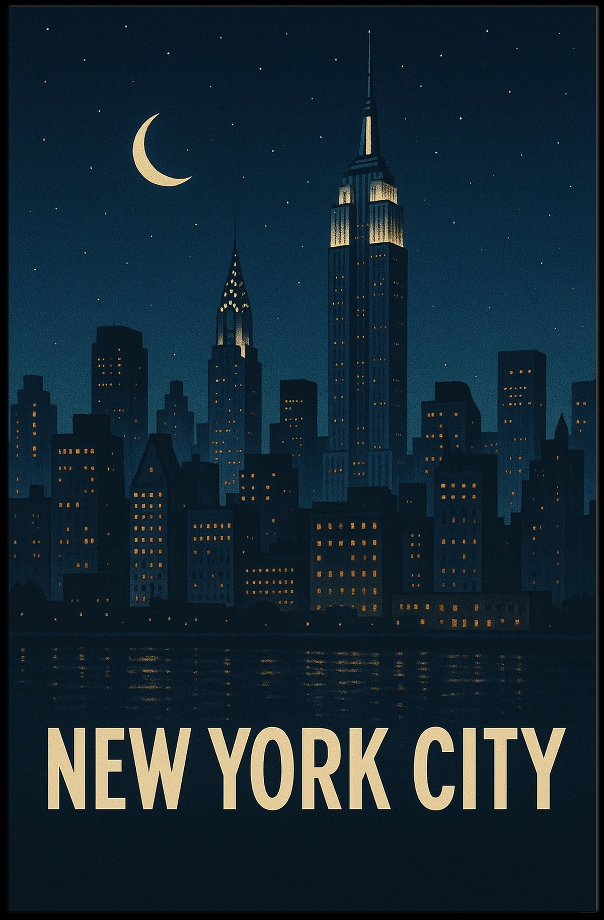 New York City Nightscape Skyline Poster Vintage Wall Art