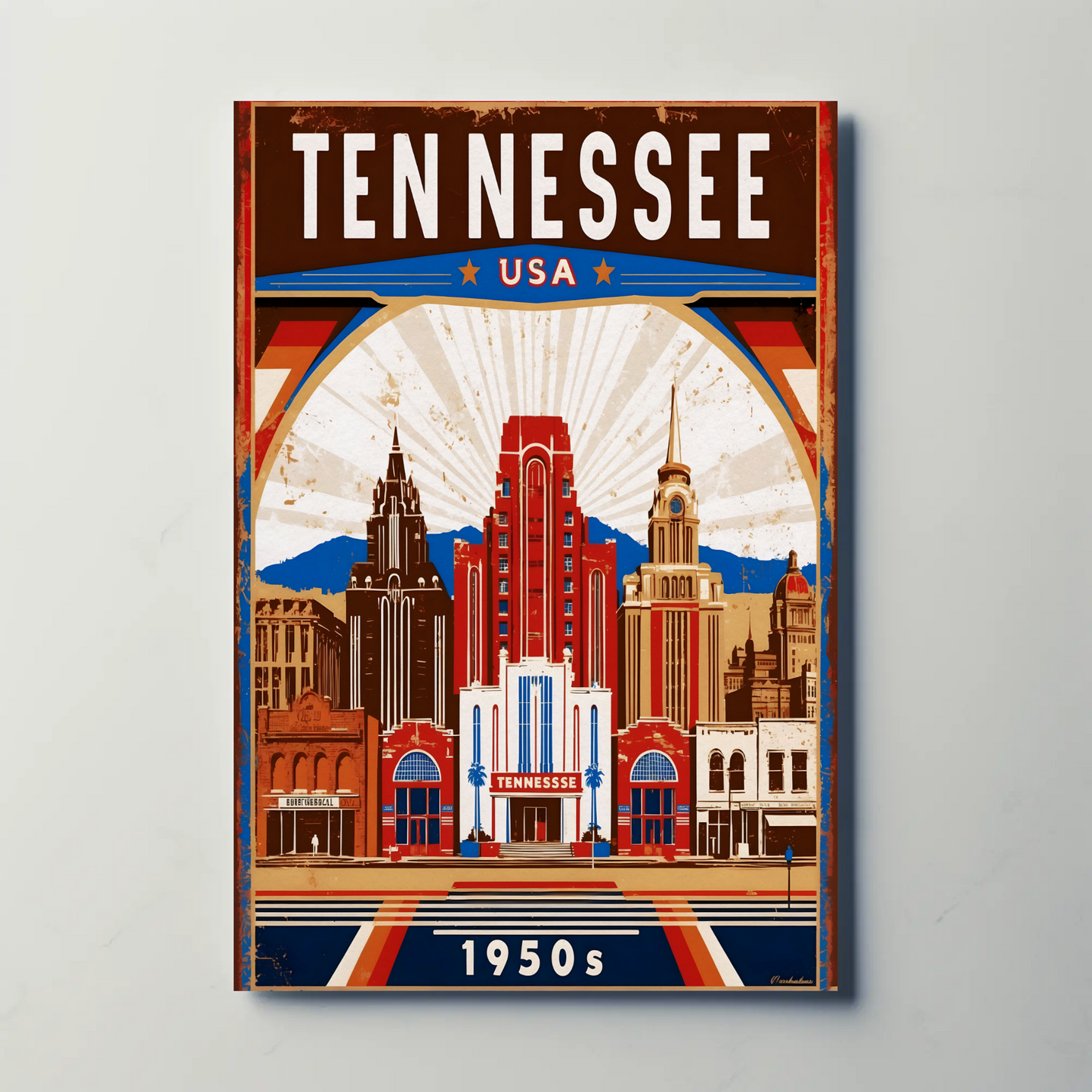 Tennessee USA 1950s Music City Skyline Travel Poster