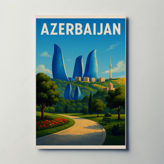 Azerbaijan Baku Flame Towers Park Path Travel Poster