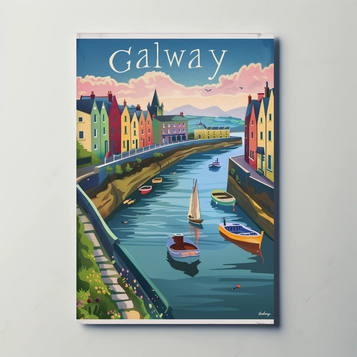 Galway Harbor Boats Colorful Sunset Travel Poster