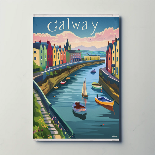 Galway Harbor Boats Colorful Sunset Travel Poster