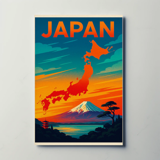 Japan Mount Fuji Map Sunset Travel Poster Poster