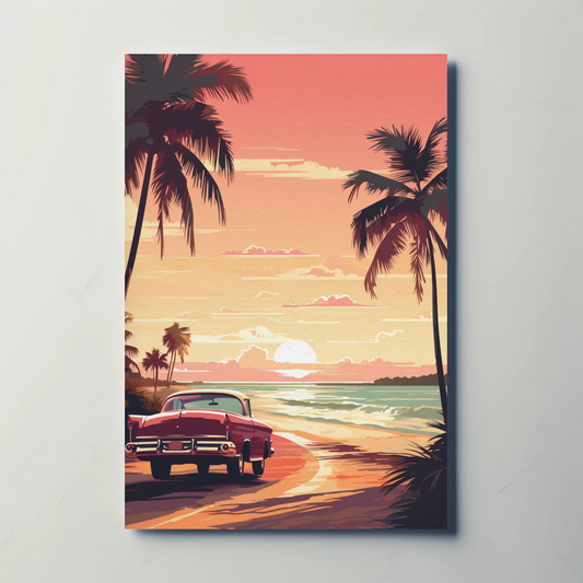 Classic Car On Beach At Sunset Vintage Travel Poster