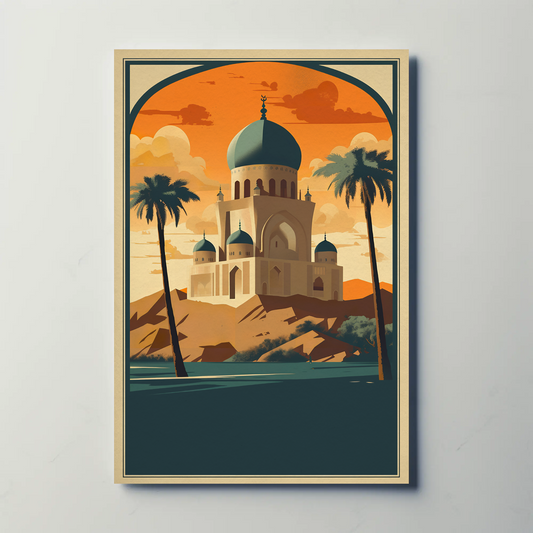 Middle East Mosque Dome Desert Sunset Vintage Travel Poster