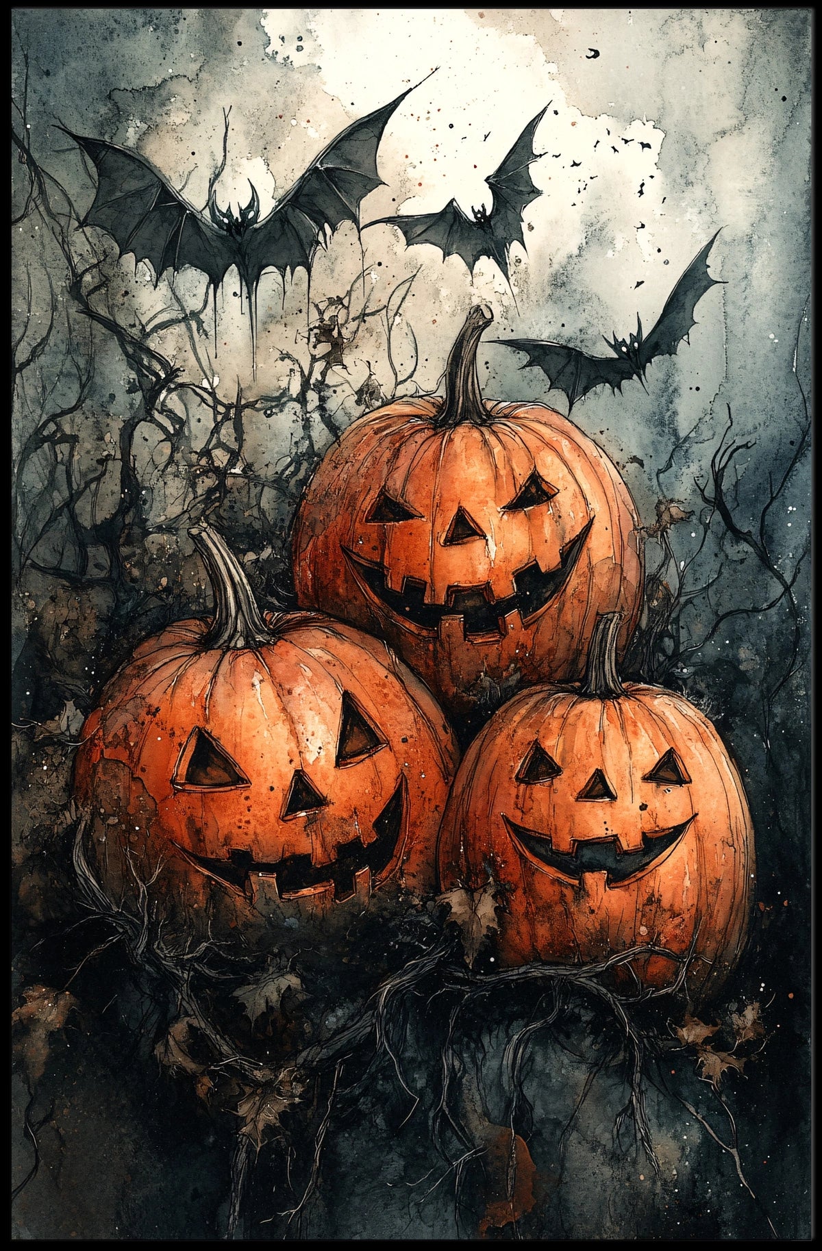 Halloween Jack-o'-lantern Bats Gathering Art Print Poster