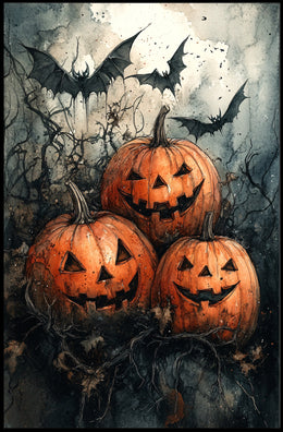 Halloween Jack-o'-lantern Bats Gathering Art Print Poster