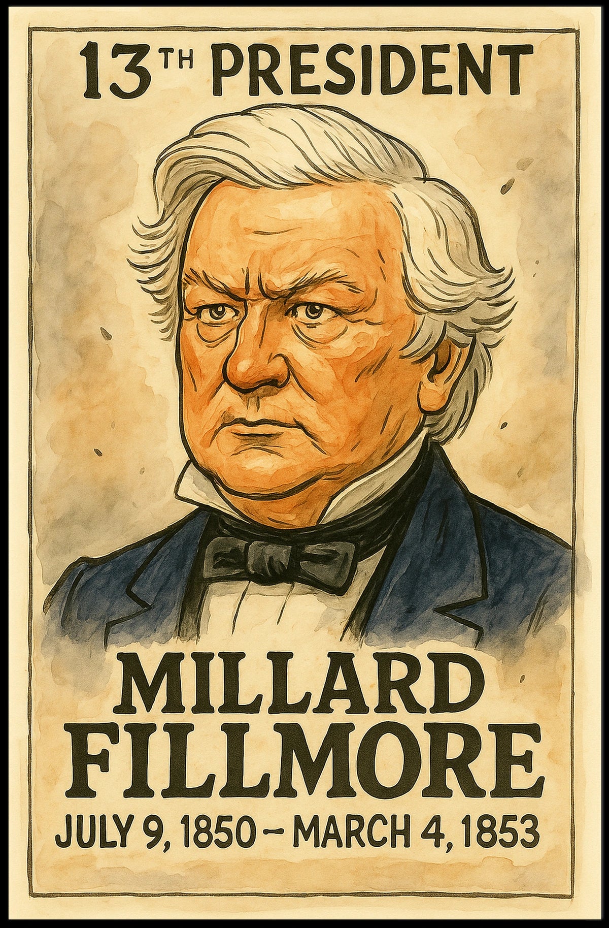Millard Fillmore 13th President of the United States Exaggerated Cartoon Sketch Poster