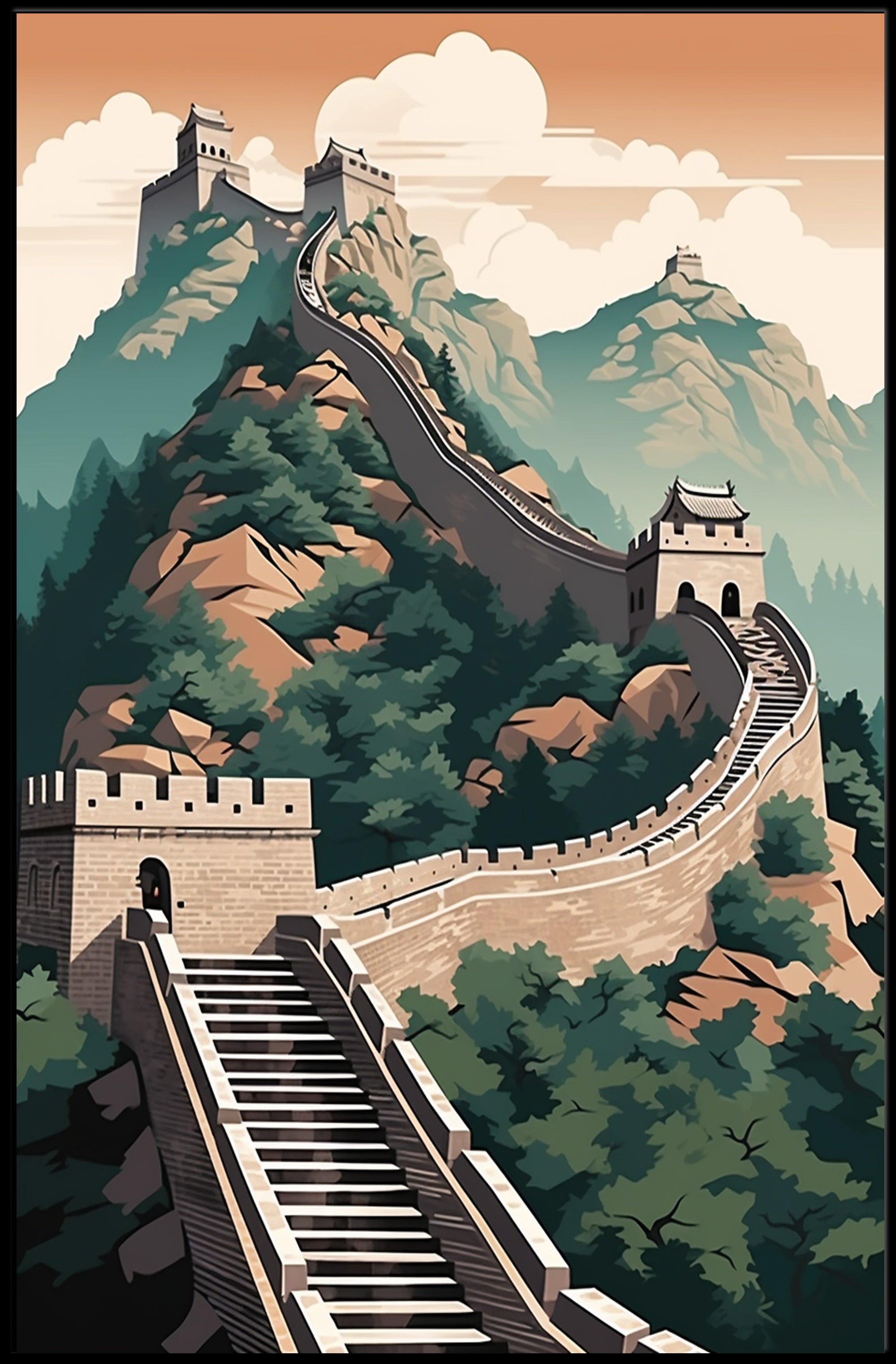 Great Wall of China Stylized Heritage Art Poster
