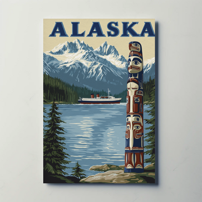 Alaska Vintage Poster - Totem and Mountains