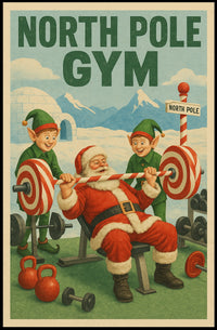 Santa Claus Weightlifting in Humorous Christmas Sports Poster