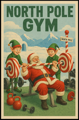 Santa Claus Weightlifting in Humorous Christmas Sports Poster