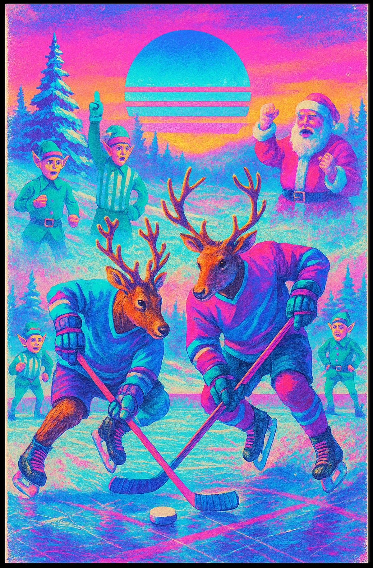 Whimsical Reindeer Hockey Fantasy Holiday Mythology Poster