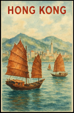 Hong Kong Harbor Watercolor Travel Poster